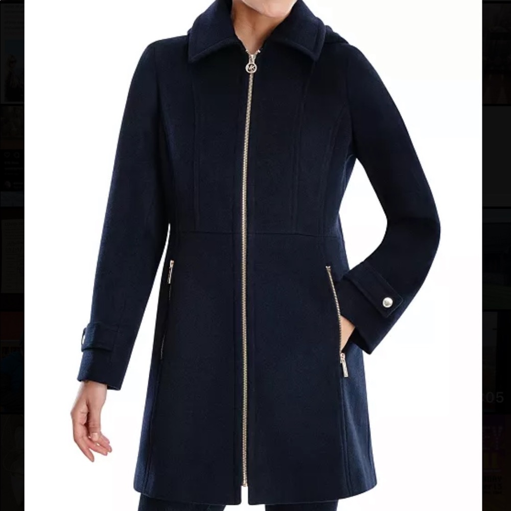 Michael Kors Navy Wool Zip Front Coat